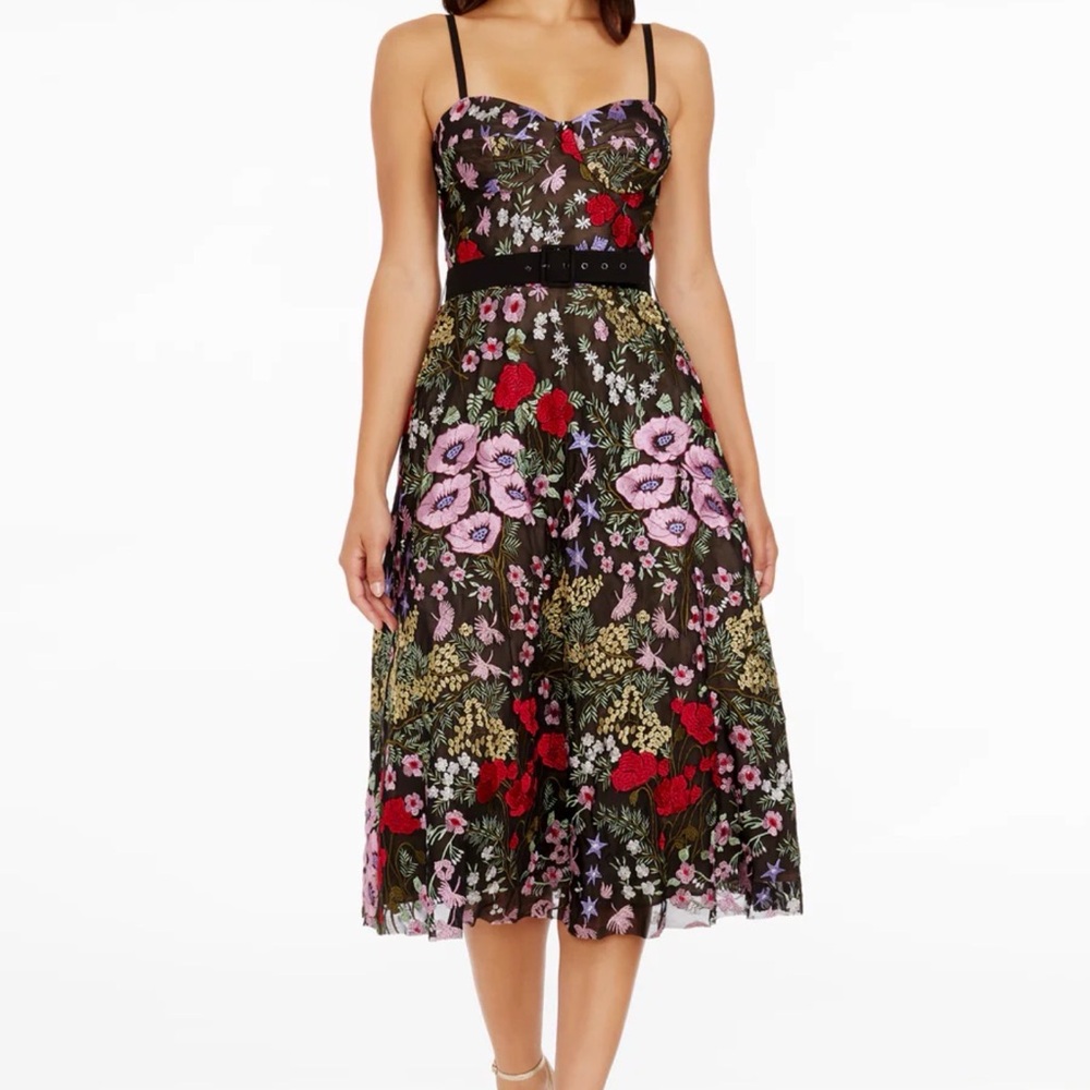 Dress the Population Carlita Black Embroidered Floral Midi Dress